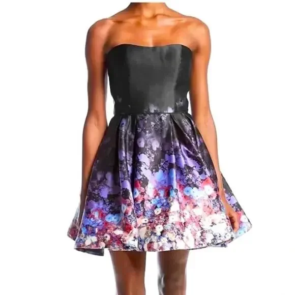 Betsy & Adam Black Satin Floral Strapless Fit & Flare Party Dress Size 10 - Picture 1 of 11